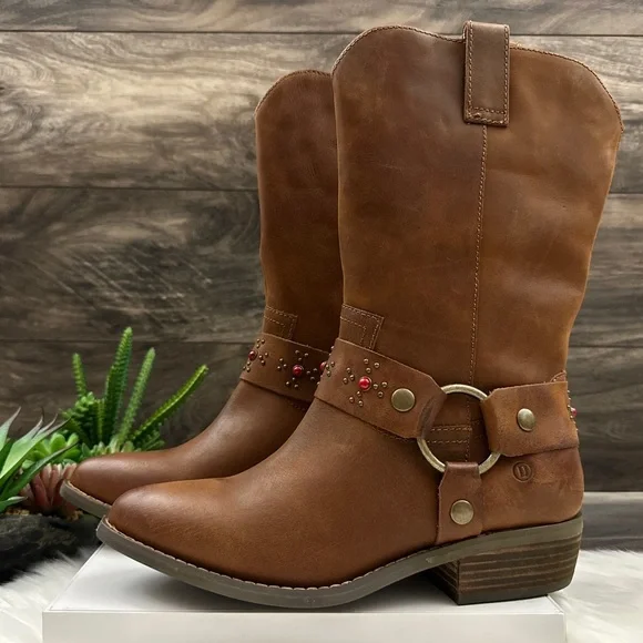NIB Dingo Dan Post Madre Western Boots Harness Studs Cognac Leather - Picture 4 of 14